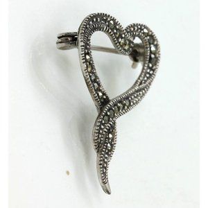 925 STERLING vintage open love HEART marcasite BROOCH/pin 3.6 gr signed MO 925
